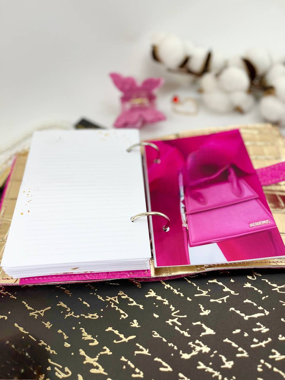 Hot pink with gold leather notebook cover A7 mini wallet organizer.