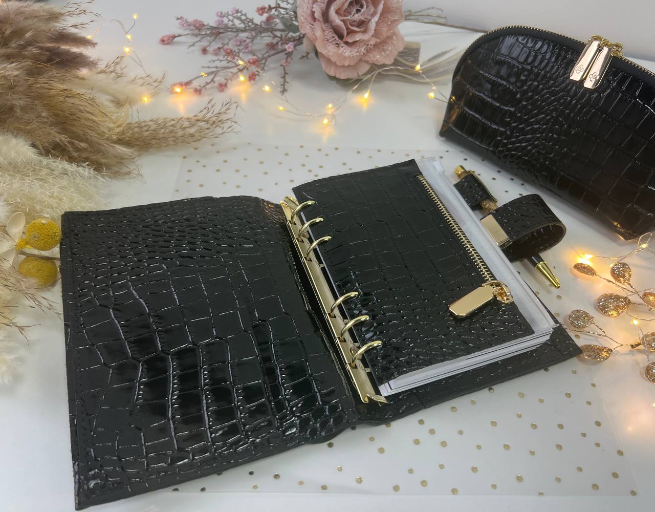 A6 leather double planner cover binder 6 rings binder, dated planner, leather planner, gift for her, medium size planner. With makeup bag.