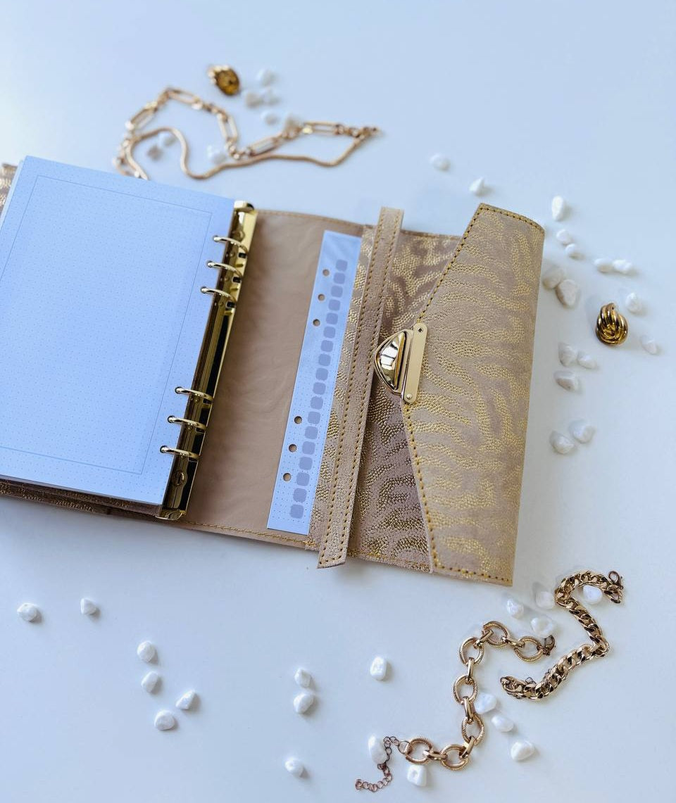 Gold leather binder big 6 rings A5.