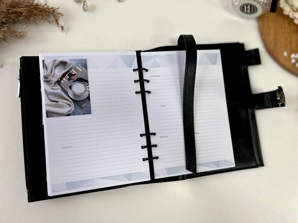 Black Natural Leather Planner A5 binder 6 rings, black classic leather notebook cover with binder 6 rings for documents format A4 and A5.