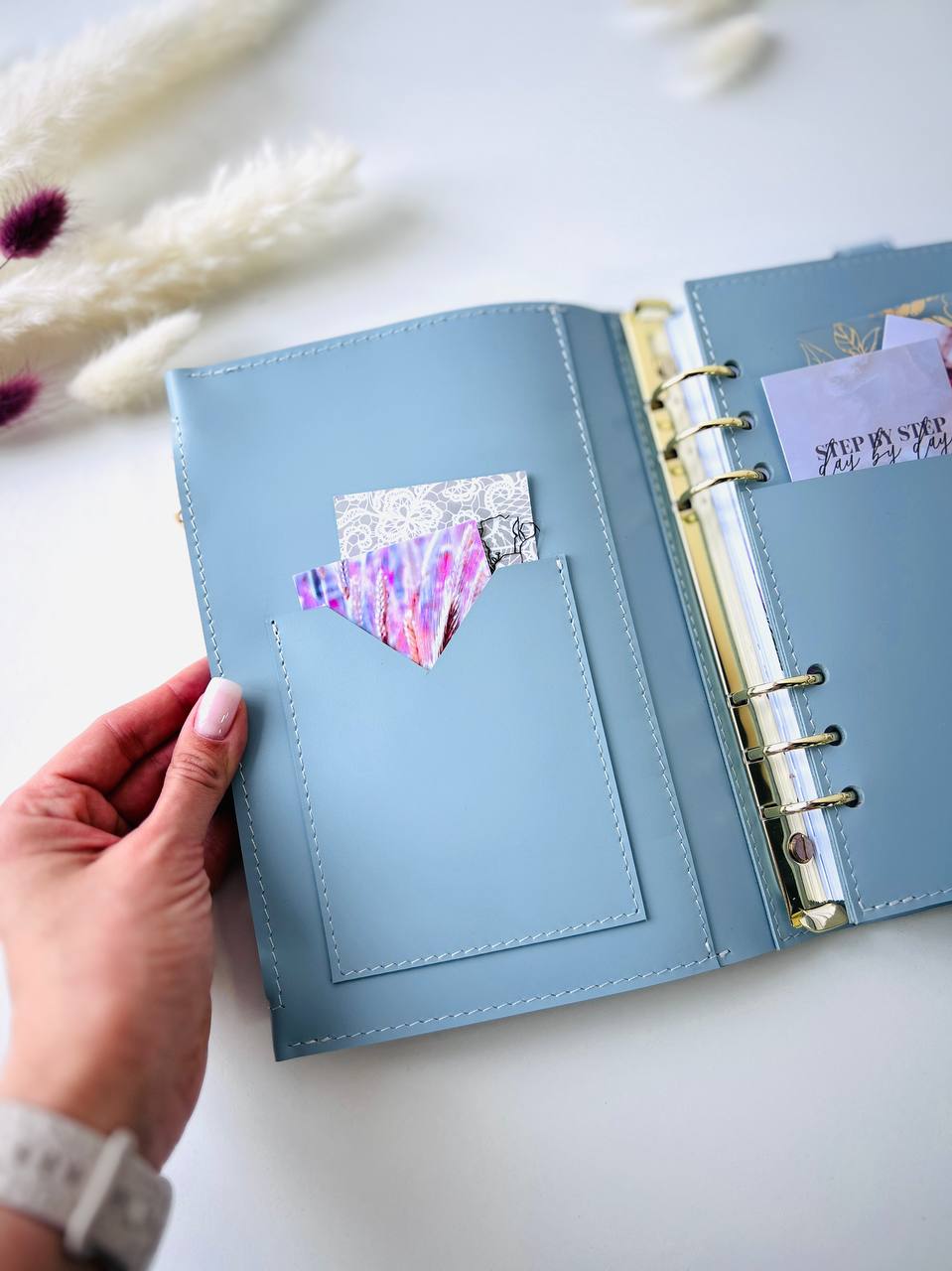 Blue leather notebook cover A5.