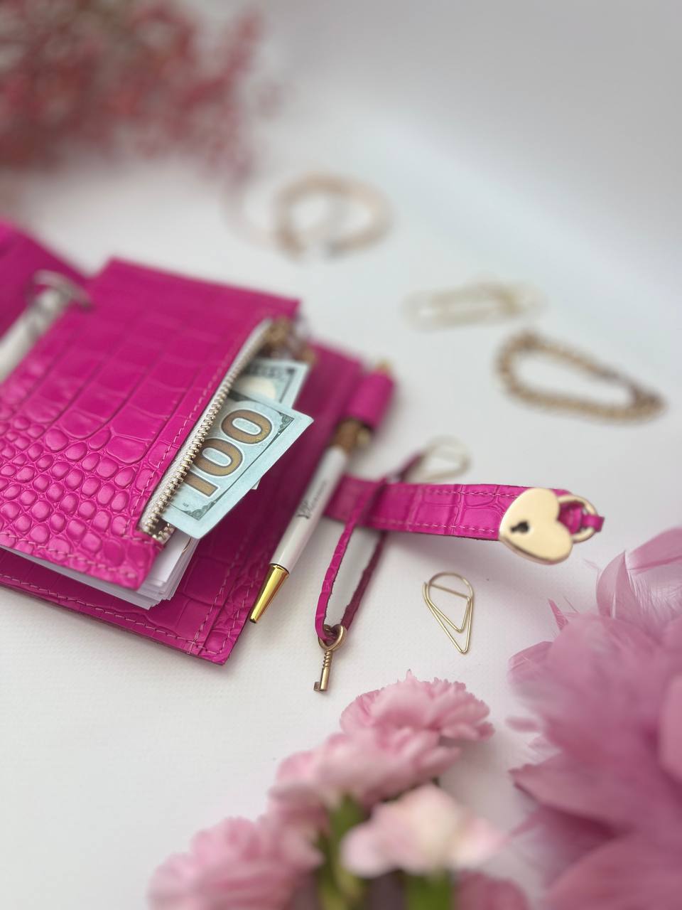 Hot pink leather notebook cover A7 mini wallet planner.