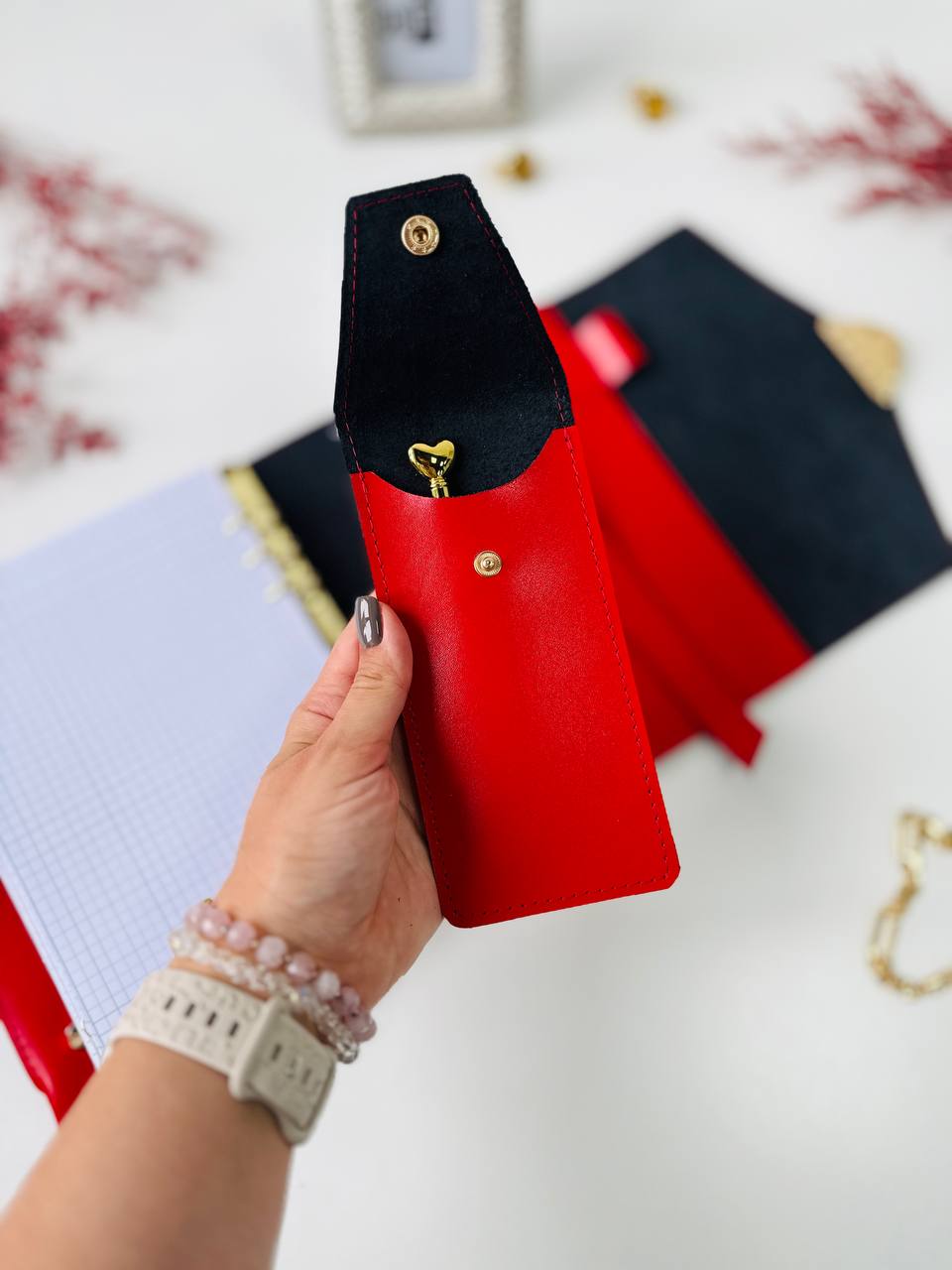 Red & Black Genuine Leather Gift Set. Red and black leather notebook cover A5 with leather pencil case- perfect gift 2026.