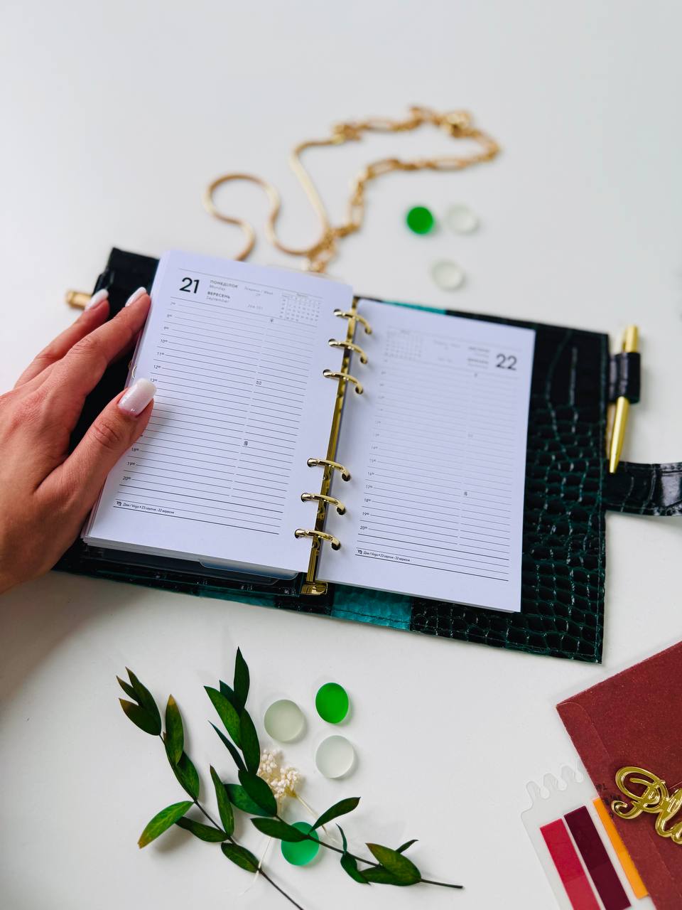 Green leather planner A6
