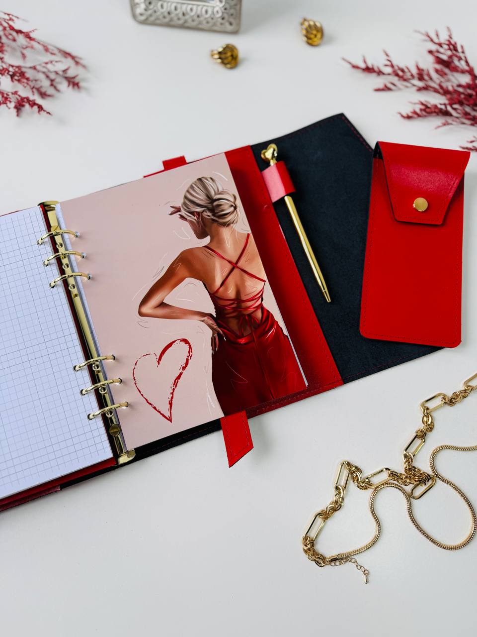 Red & Black Genuine Leather Gift Set. Red and black leather notebook cover A5 with leather pencil case- perfect gift 2026.