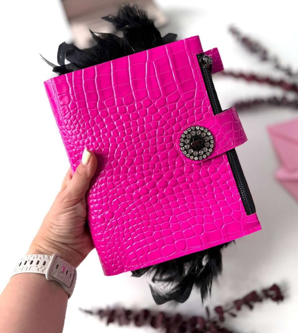 Hot pink leather planner A5 with black furniture and gifts 🎁