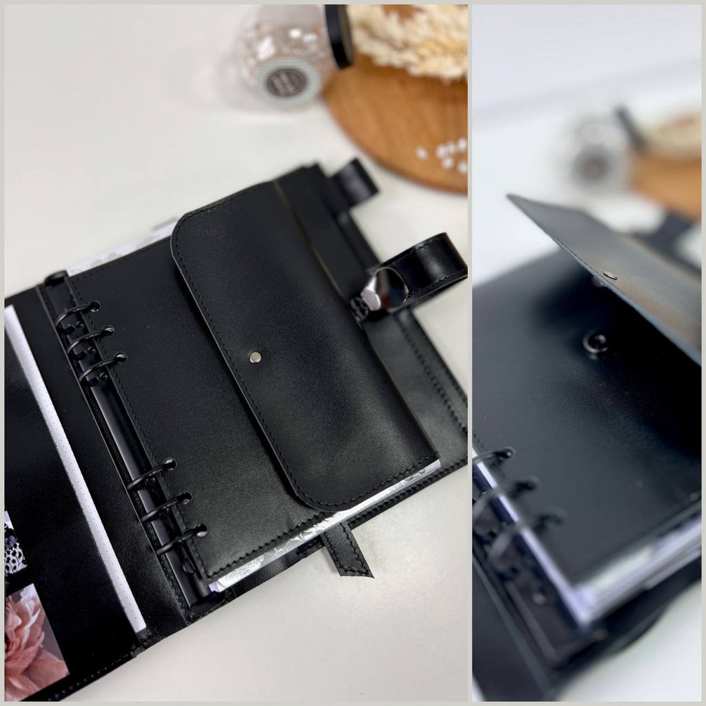 Black Natural Leather Planner A5 binder 6 rings, black classic leather notebook cover with binder 6 rings for documents format A4 and A5.