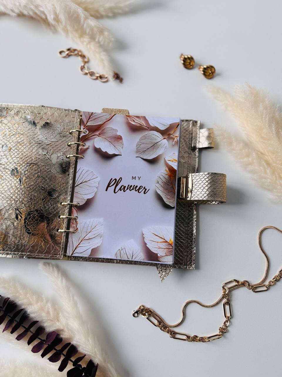 Gold leather planner binder A5.