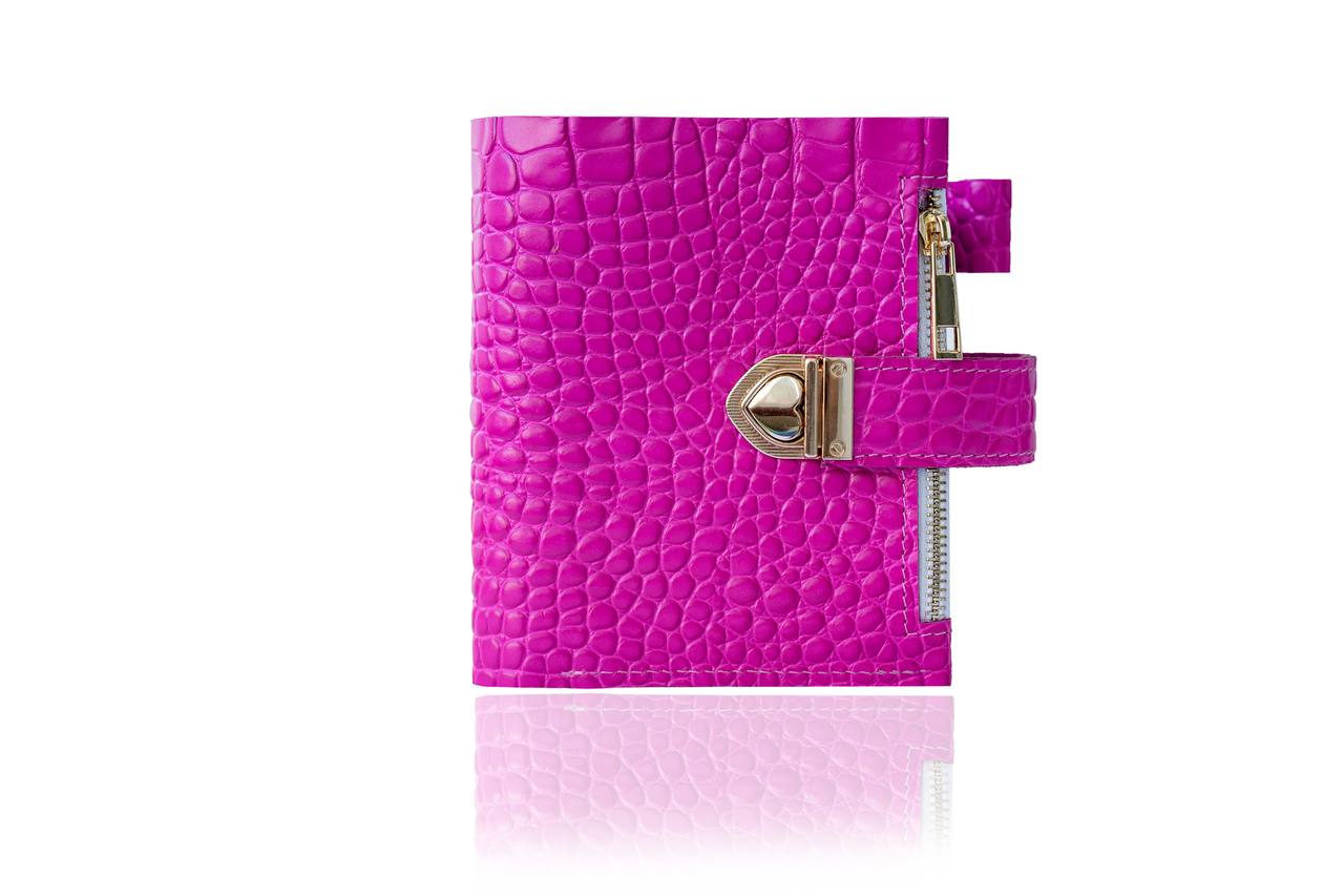 Hot pink leather notebook cover A7 mini wallet organizer 6 big binder rings.