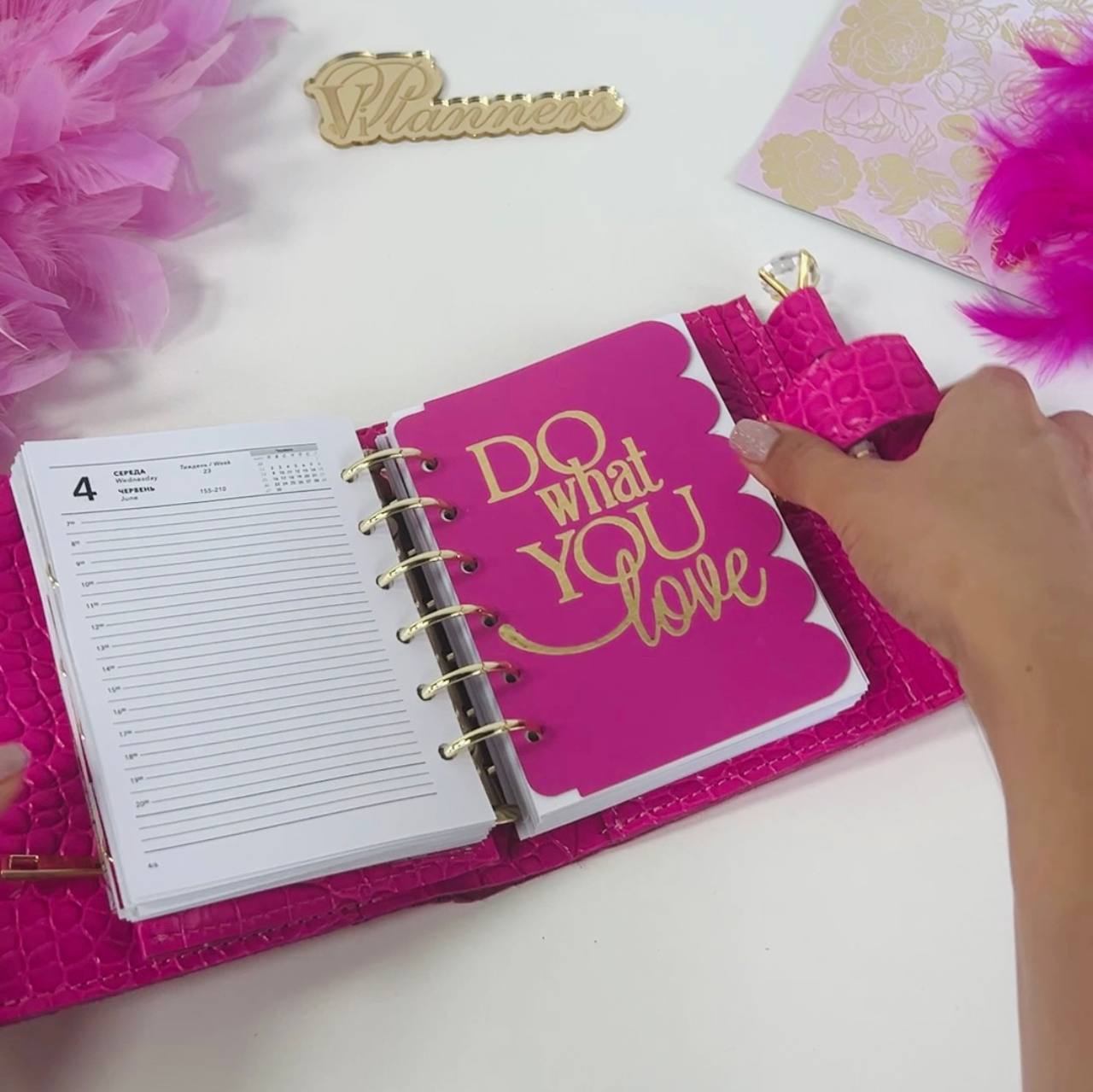 Hot pink leather notebook cover A7 mini wallet organizer 6 big binder rings.