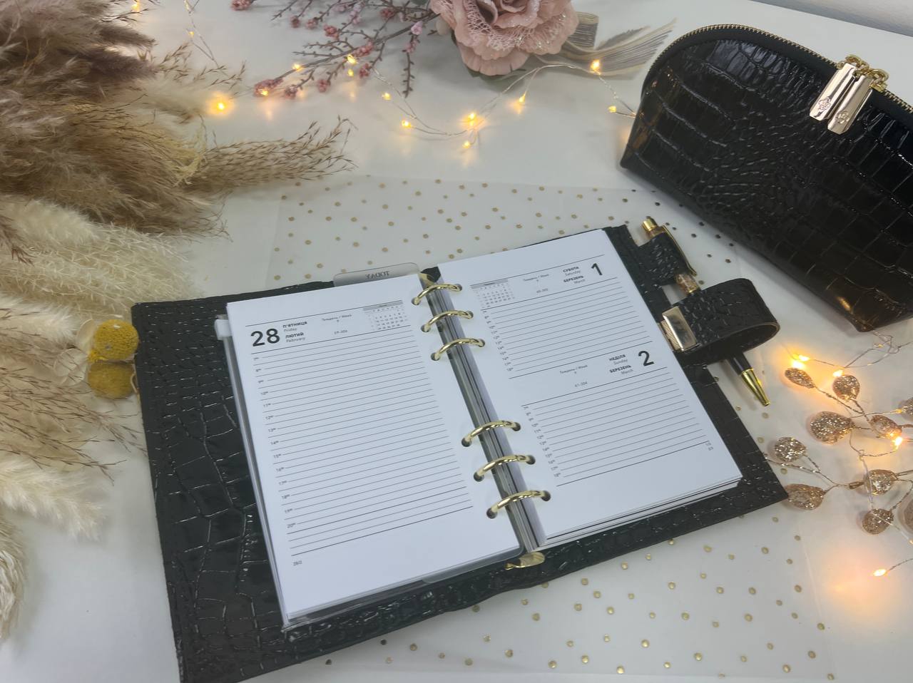 A6 NEW SIZE leather double planner cover binder 6 rings binder, dated planner, leather planner, gift for her, medium size planner. With makeup bag.