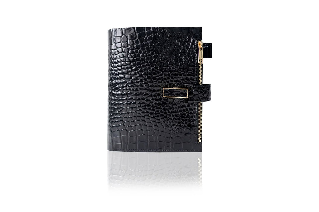 Cyprus, Limassol. Black croco leather notebook cover A5 for documents A4 and A5 format.