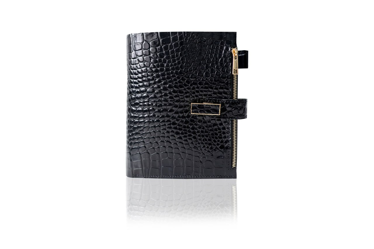 Cyprus, Limassol. Black croco leather notebook cover A5 for documents A4 and A5 format.