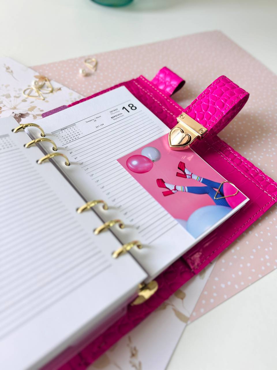 English language A6 NEW SIZE leather hot pink double planner cover binder 6 rings binder, leather planner, gift for her, medium size planner.