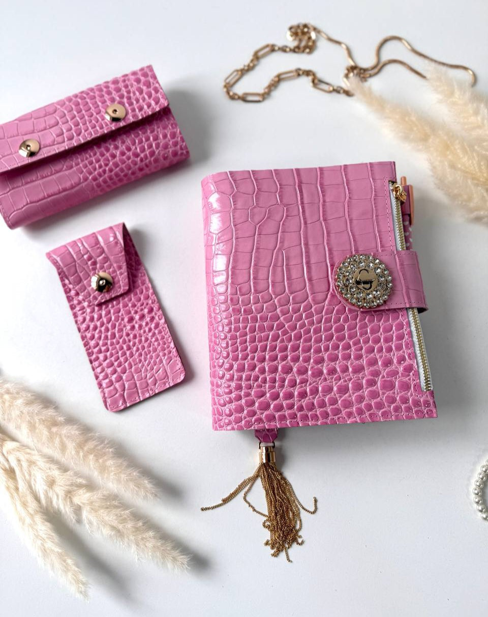 Pink leather gift- planner A5, wallet and pencil case.