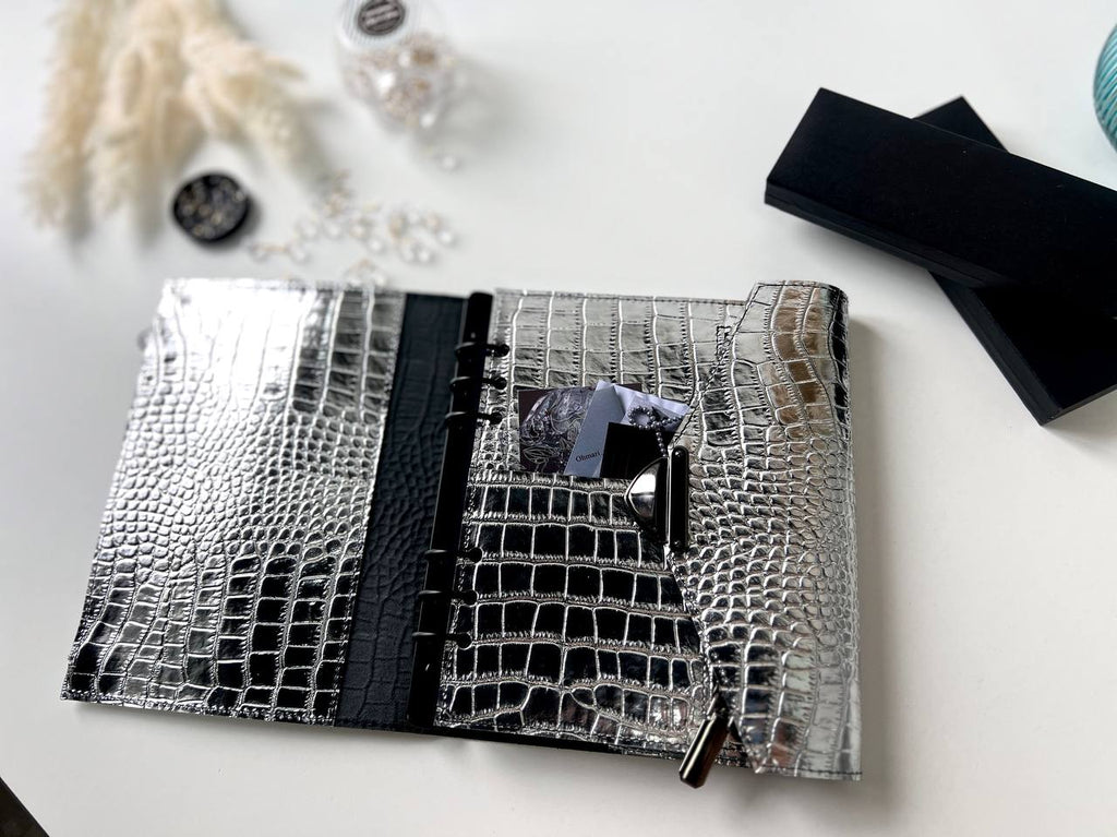 Rare silver leather like a mirror. Perfect leather planner A5.