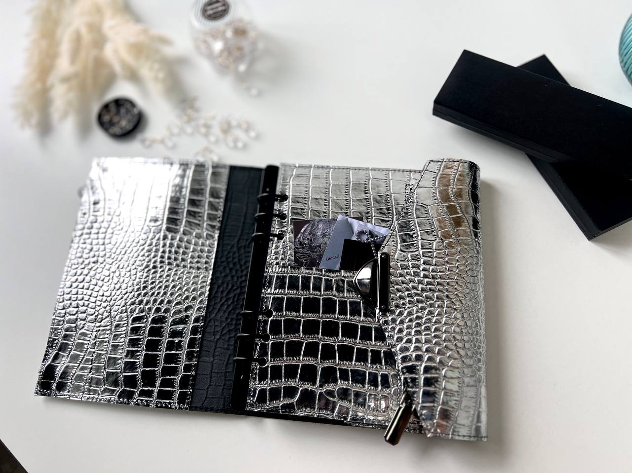 Rare silver leather like a mirror. Perfect leather planner A5.