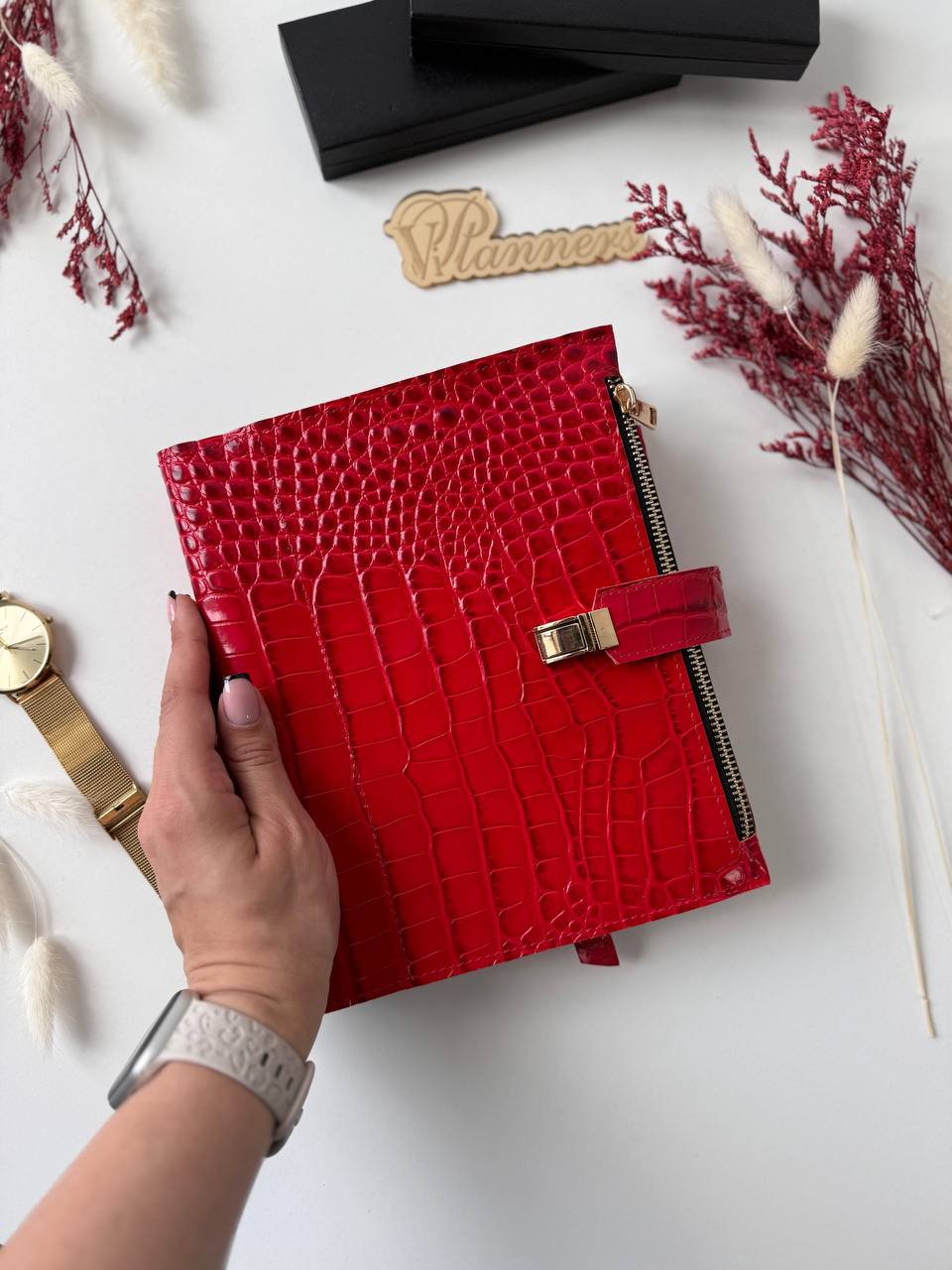 Exclusive red orange color of the Leather Planner A5 big gold binder 6 rings, gift for her, boss gift, office gift, gold planner binder A5