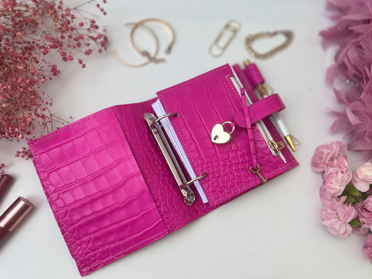Hot pink leather notebook cover A7 mini wallet planner.