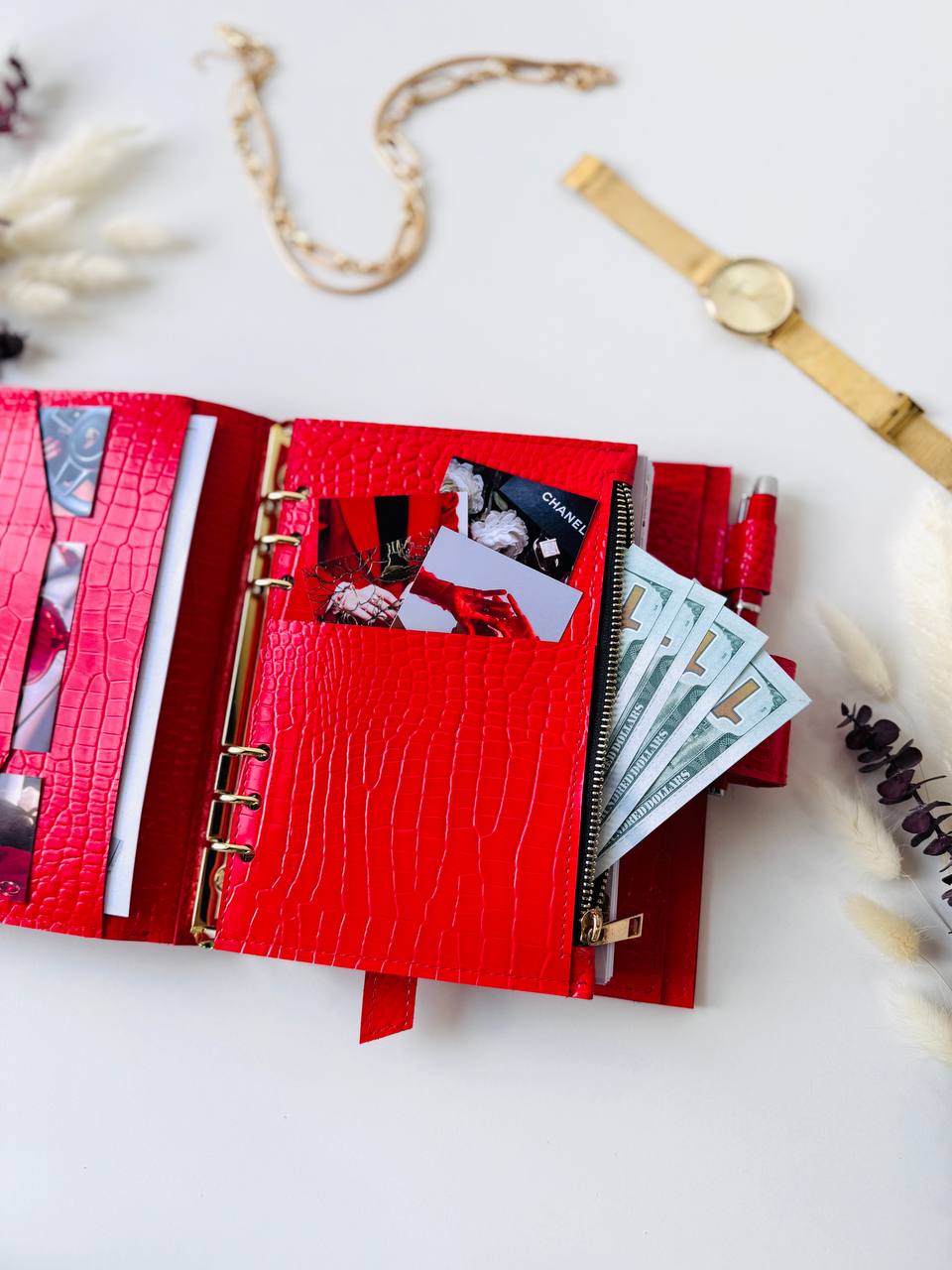 Orange-red leather planner binder A5.