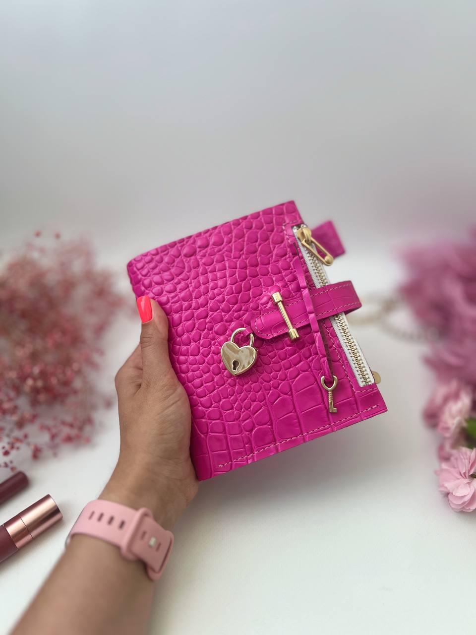 Hot pink leather notebook cover A7 mini wallet planner.