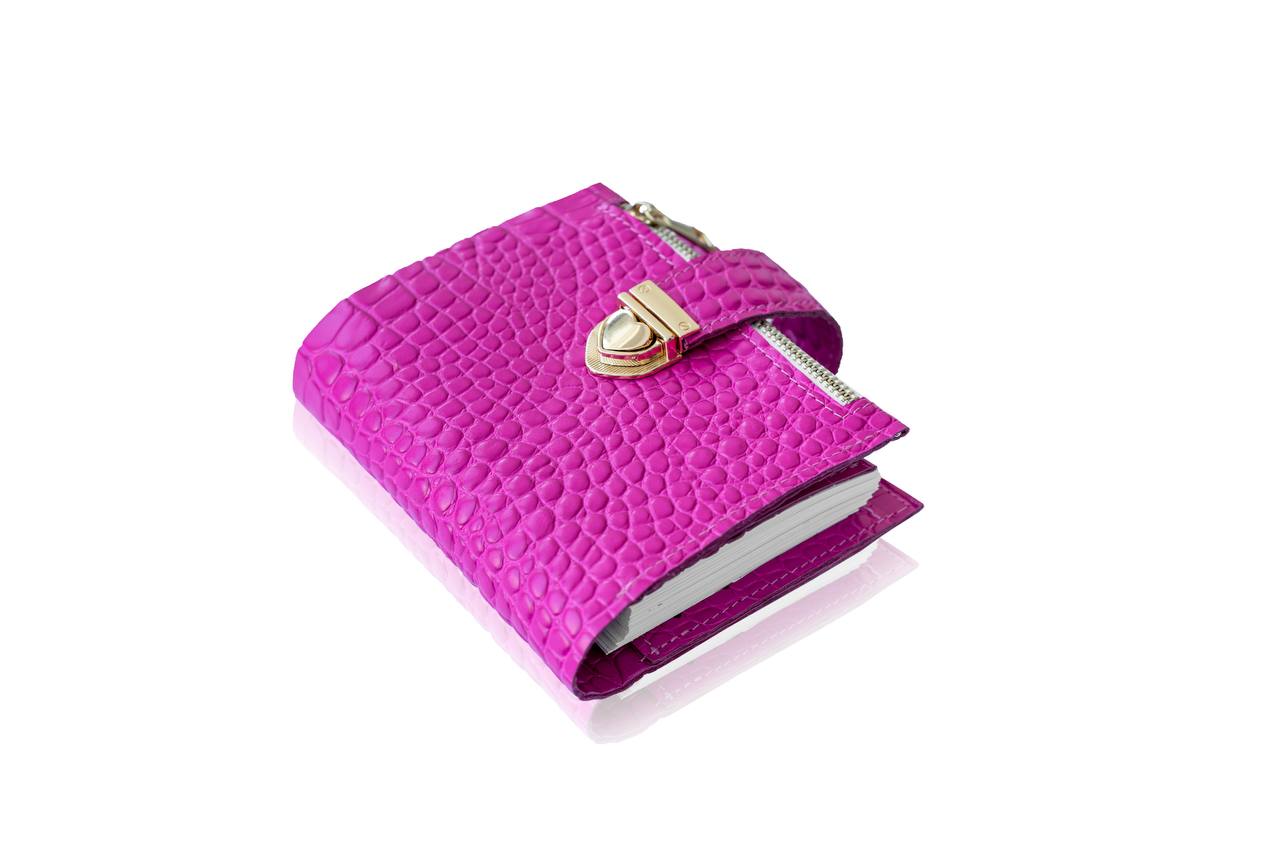 Hot pink leather notebook cover A7 mini wallet organizer 6 big binder rings.