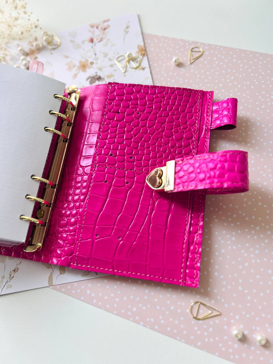 English language A6 NEW SIZE leather hot pink double planner cover binder 6 rings binder, leather planner, gift for her, medium size planner.