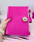 Hot pink leather notebook cover A5 with big gold binder. Cover for A4 and A5 documents format.