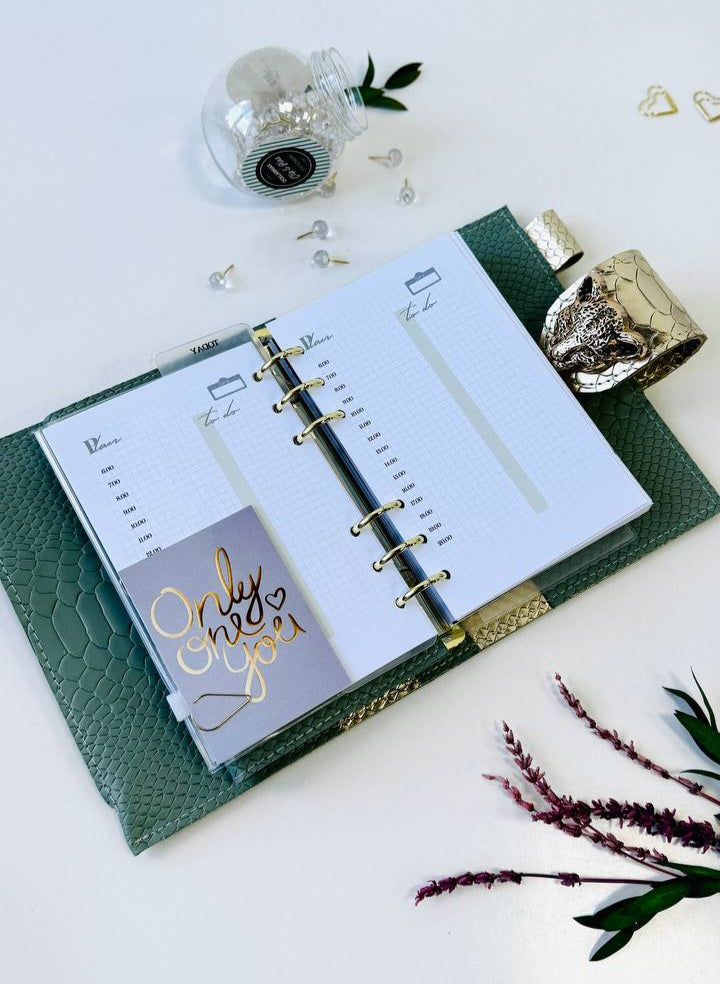Pistachio Green A6 Genuine Leather Planner Binder – Gold Snake Accent with Panther Clasp