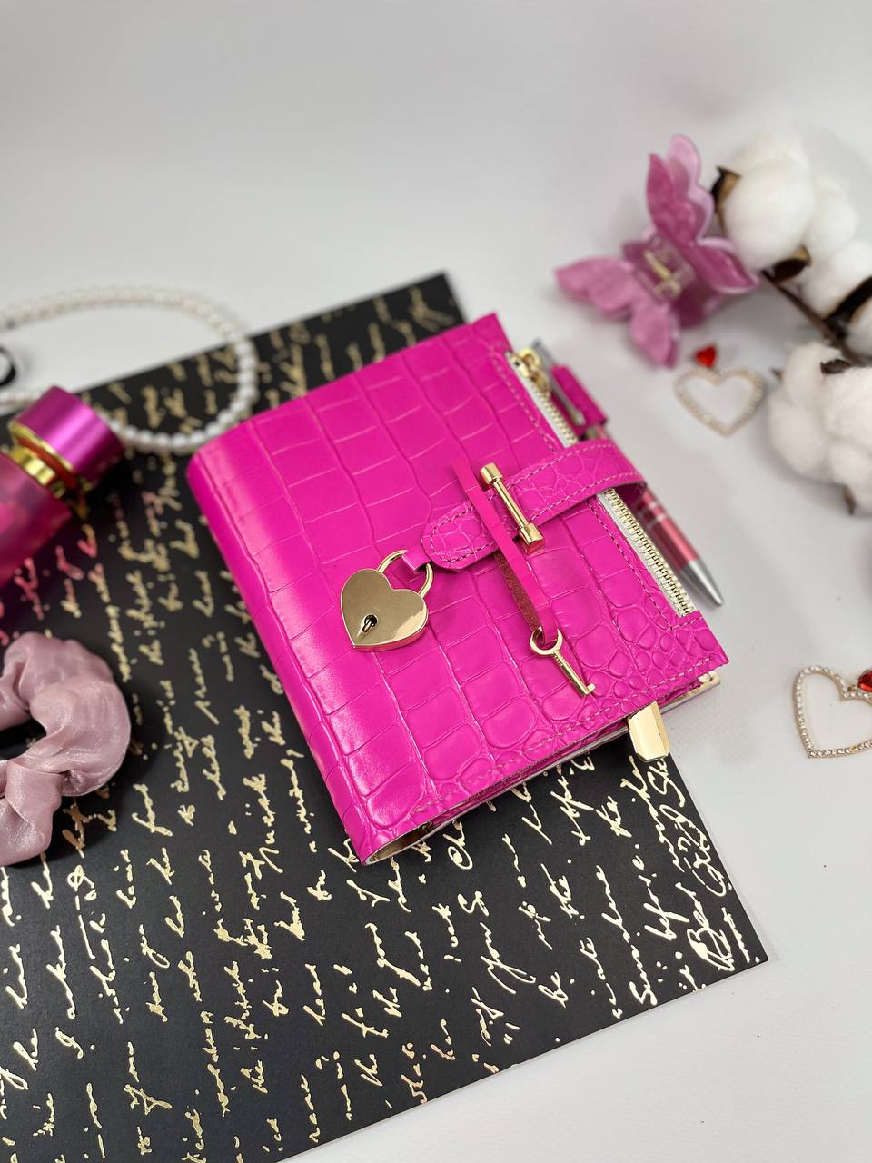 Hot pink with gold leather notebook cover A7 mini wallet organizer.