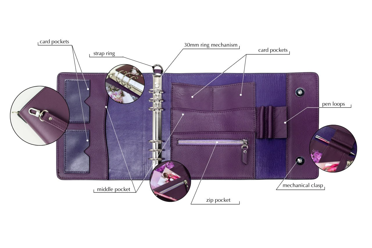 Violet Natural Italian Leather Planner A5, gift for her, perfect planner, Ring Planner Agenda A5 Six Ring Planner and Ring Personal Planner.