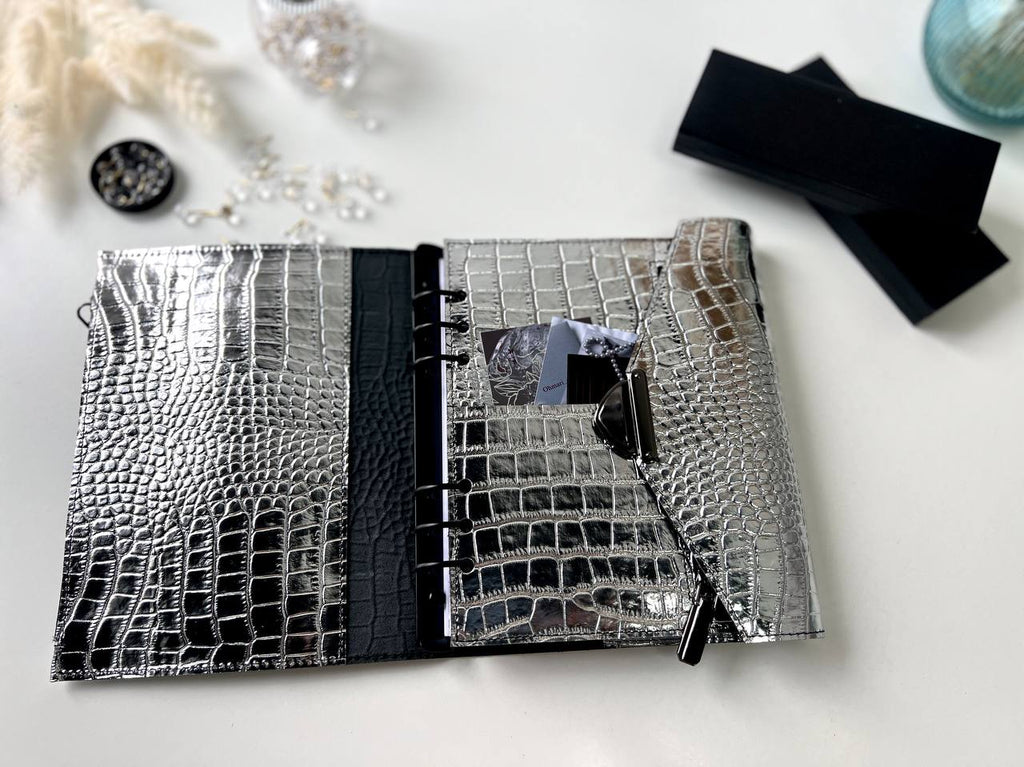 Rare silver leather like a mirror. Perfect leather planner A5.