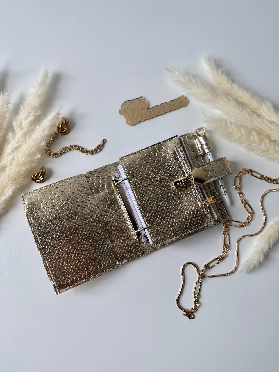 Gold Leather mini notebook cover A7 binder,Planner A7 binder personal size, leather planner, planner binder2 rings, time diary for work.