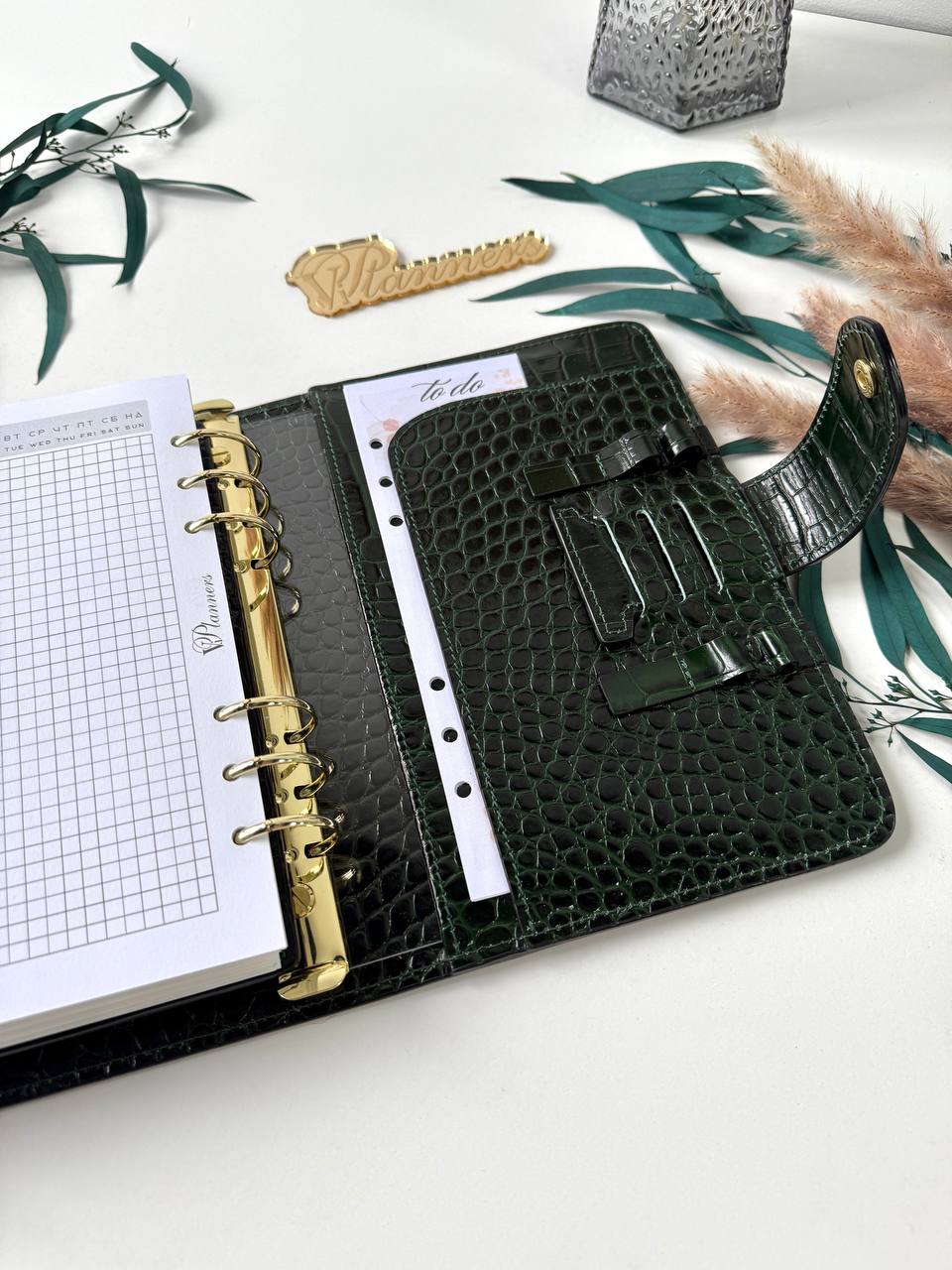 Green Natural Italian Leather Planner A5, gift for her, perfect planner, Ring Planner Agenda A5 Six Ring Planner and Ring Personal Planner.