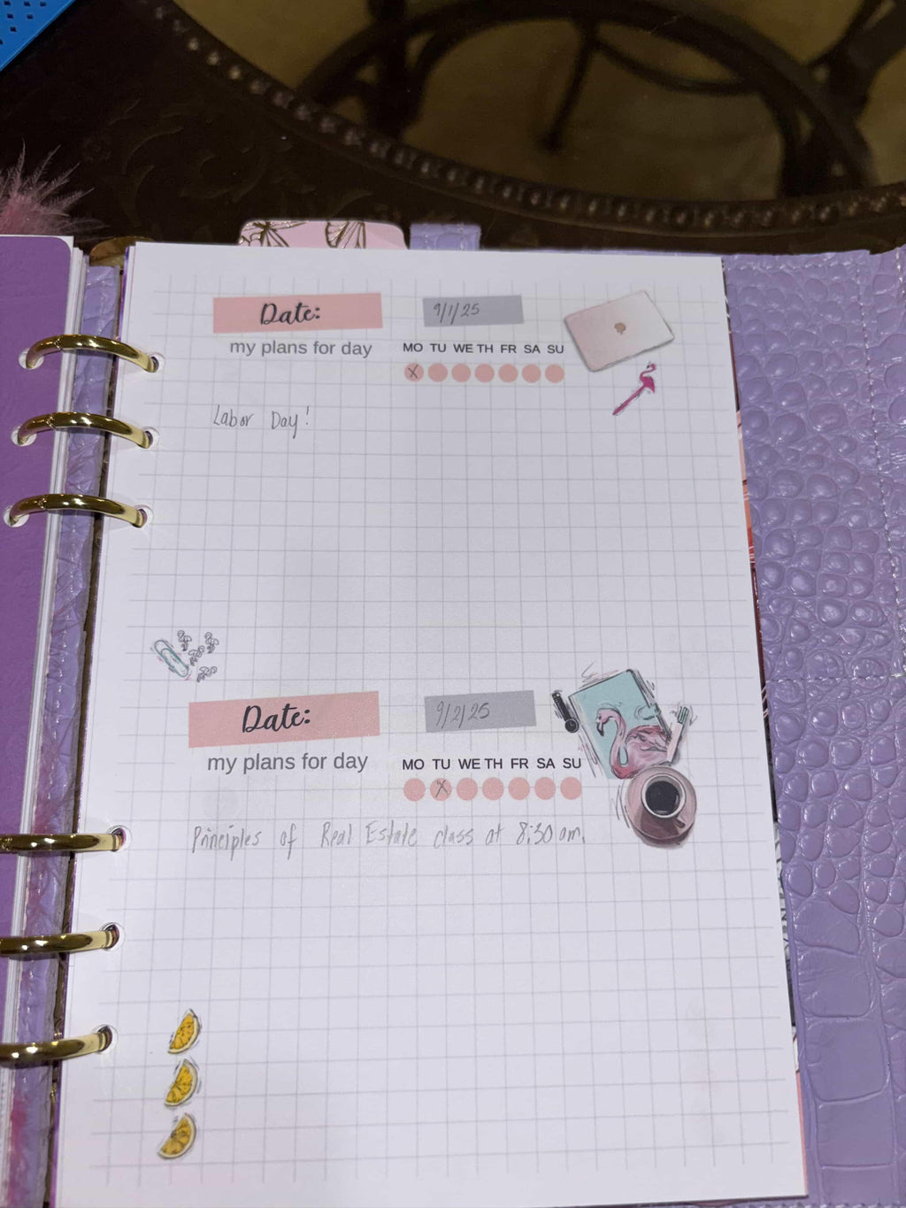 Two days on page. Printed planner pages, size A5.