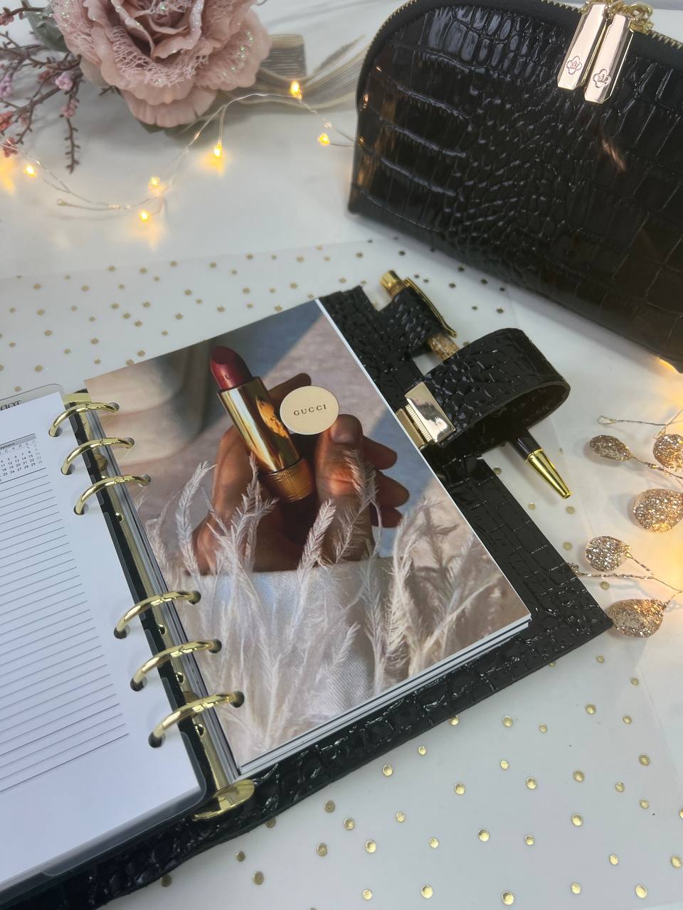 A6 leather double planner cover binder 6 rings binder, dated planner, leather planner, gift for her, medium size planner. With makeup bag.