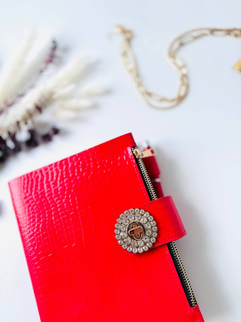 Orange-red leather planner binder A5.