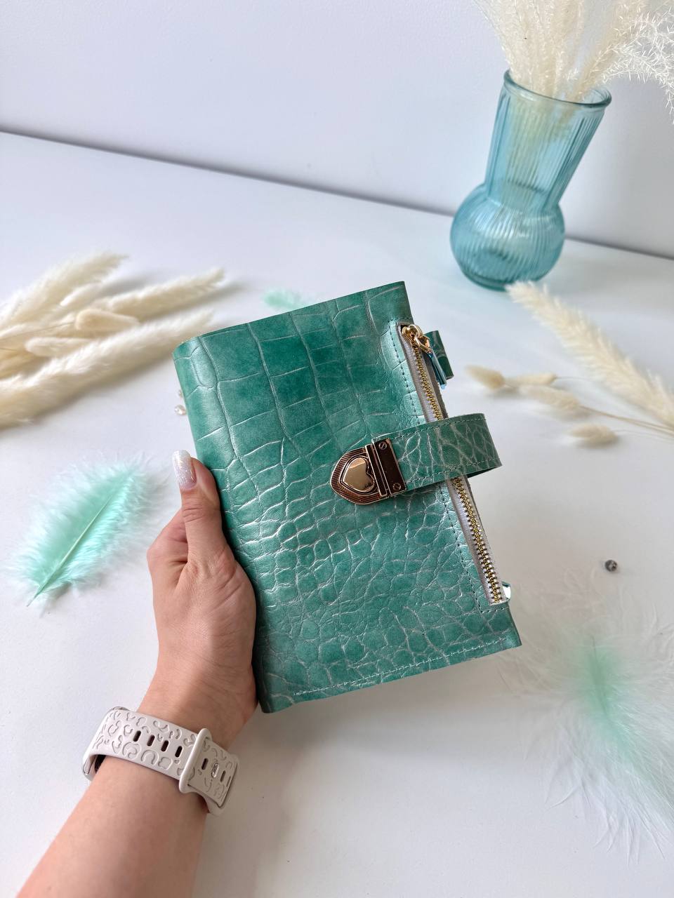 A6 NEW SIZE RARE leather green double planner cover binder 6 rings binder, dated planner, leather planner, gift for her, medium size planner.