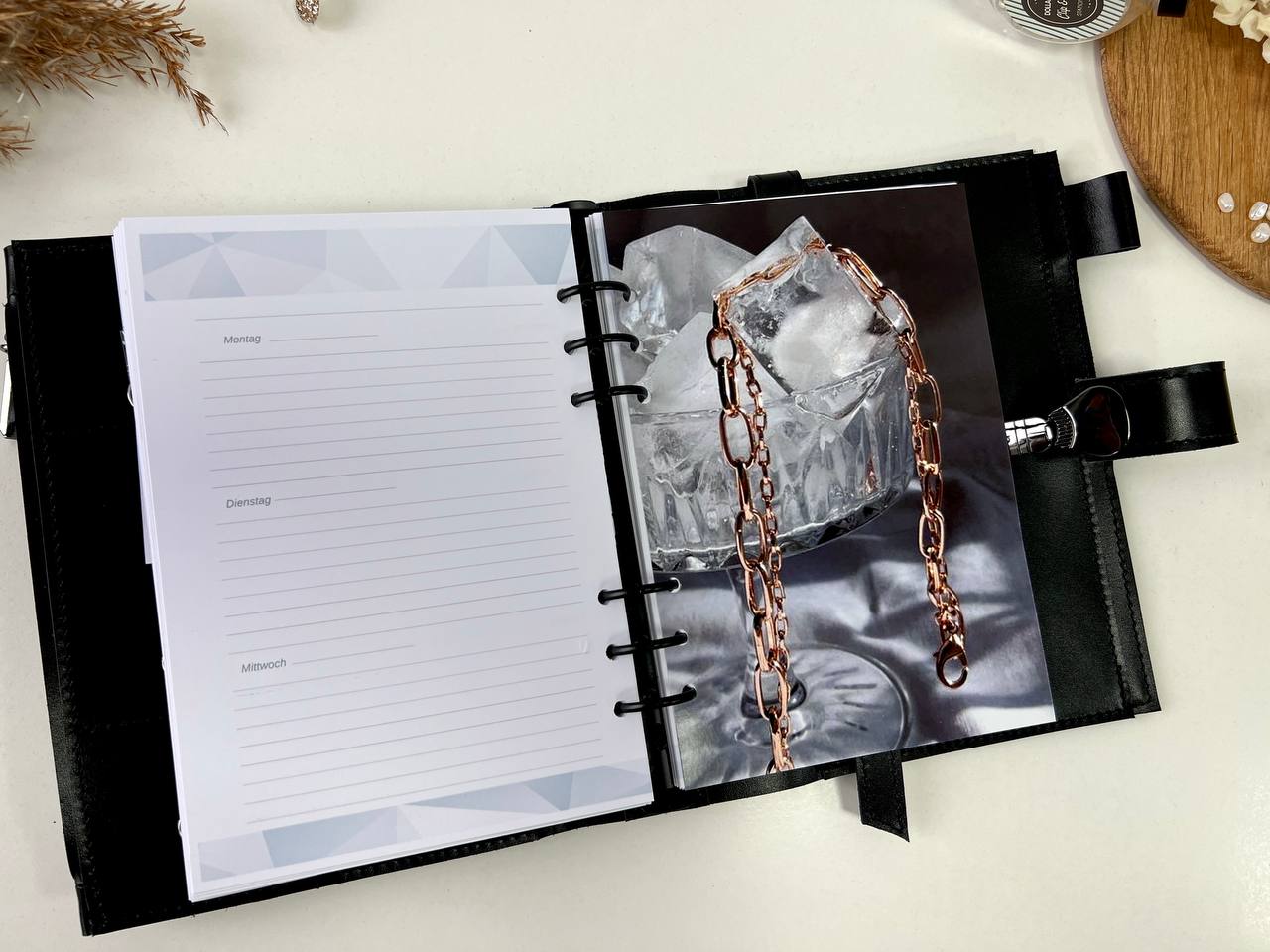 Black Natural Leather Planner A5 binder 6 rings, black classic leather notebook cover with binder 6 rings for documents format A4 and A5.