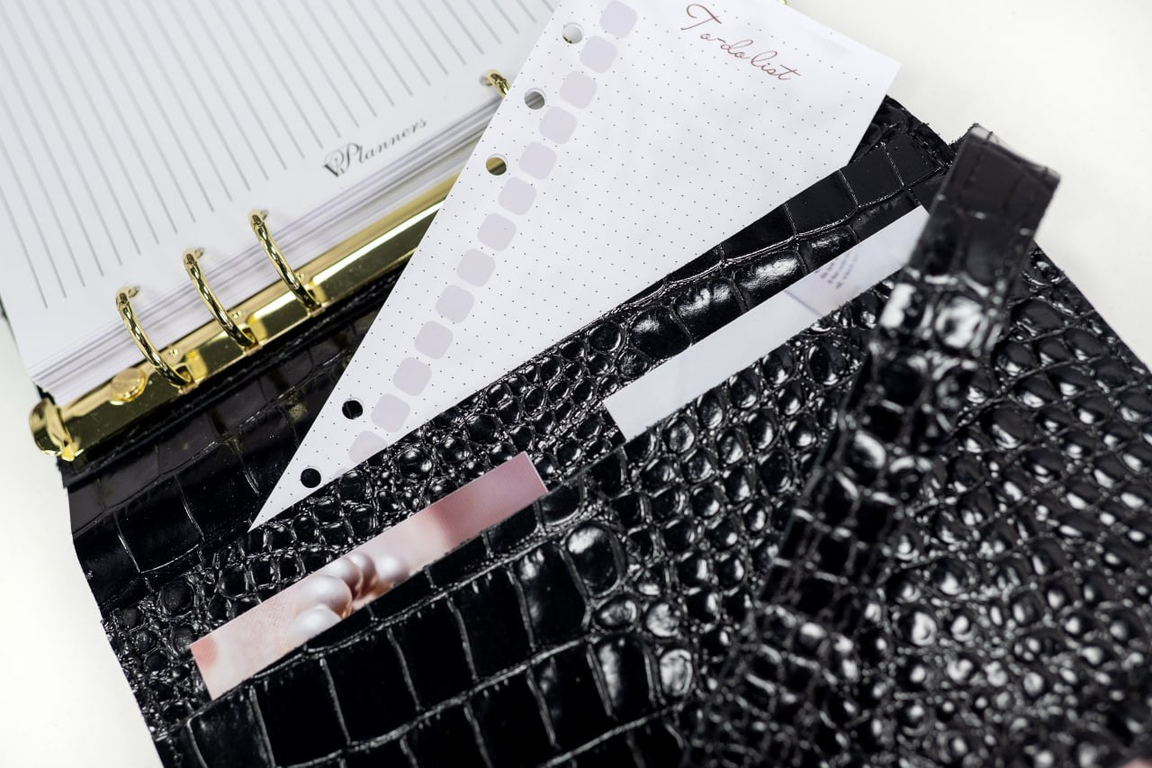 Cyprus, Limassol. Black croco leather notebook cover A5 for documents A4 and A5 format.