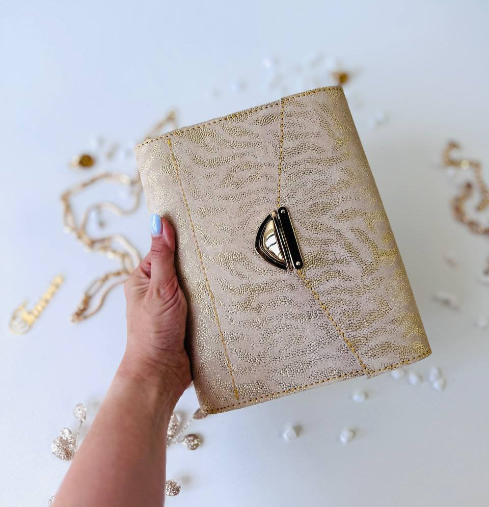 Gold leather binder big 6 rings A5.