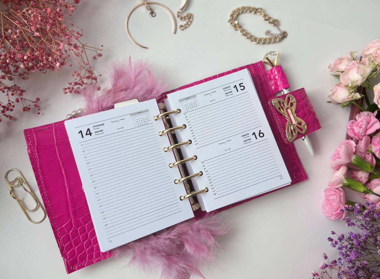 Leather wallet notebook cover mini A7 dated week 2026 big 6 rings binder.