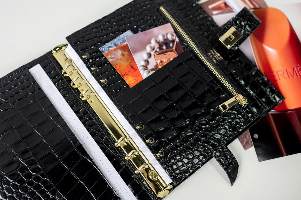 Cyprus, Limassol. Black croco leather notebook cover A5 for documents A4 and A5 format.