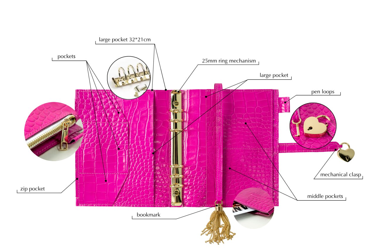 Natural Italian Leather Pink Planner A5, Ringbuch a5, Leather template, A5 ring binder,Binder a5,Leather wallet template,Binder wallet.