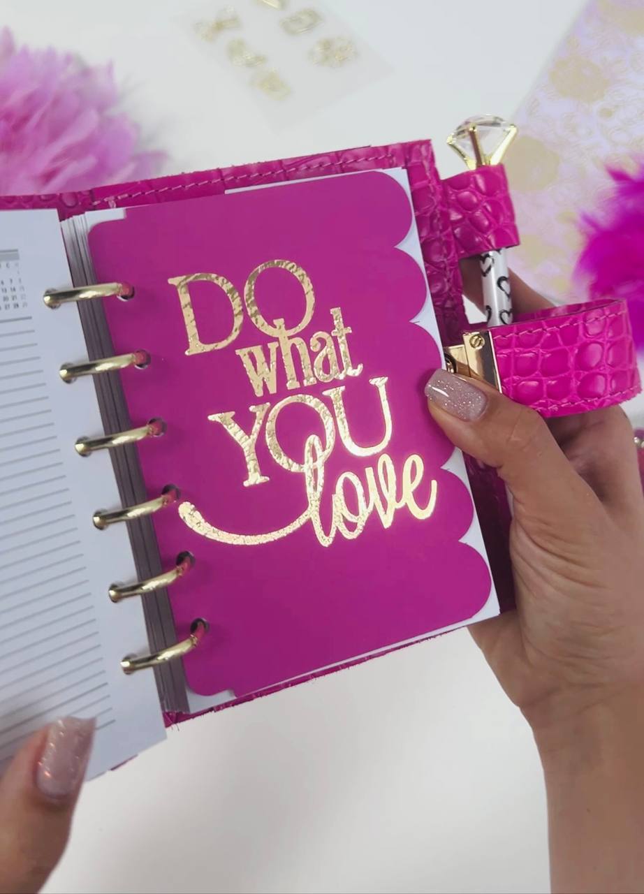 Hot pink leather notebook cover A7 mini wallet organizer 6 big binder rings.