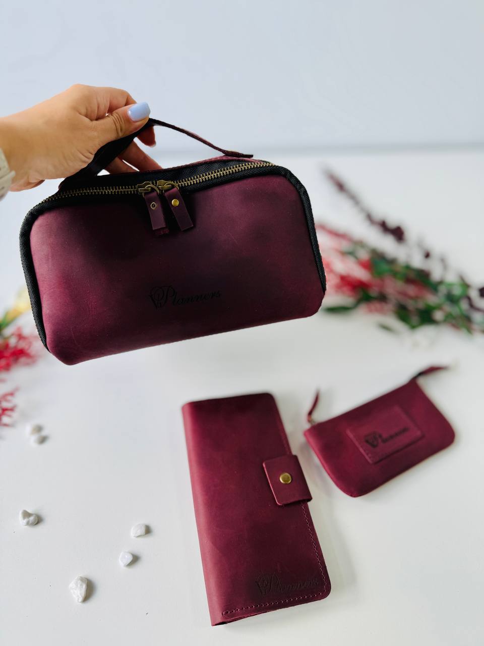 Luxury Leather Gift Set: Notebook, Wallet, Cosmetic Bag, Keychain - Personalized.