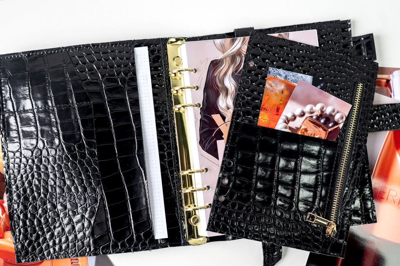 Cyprus, Limassol. Black croco leather notebook cover A5 for documents A4 and A5 format.