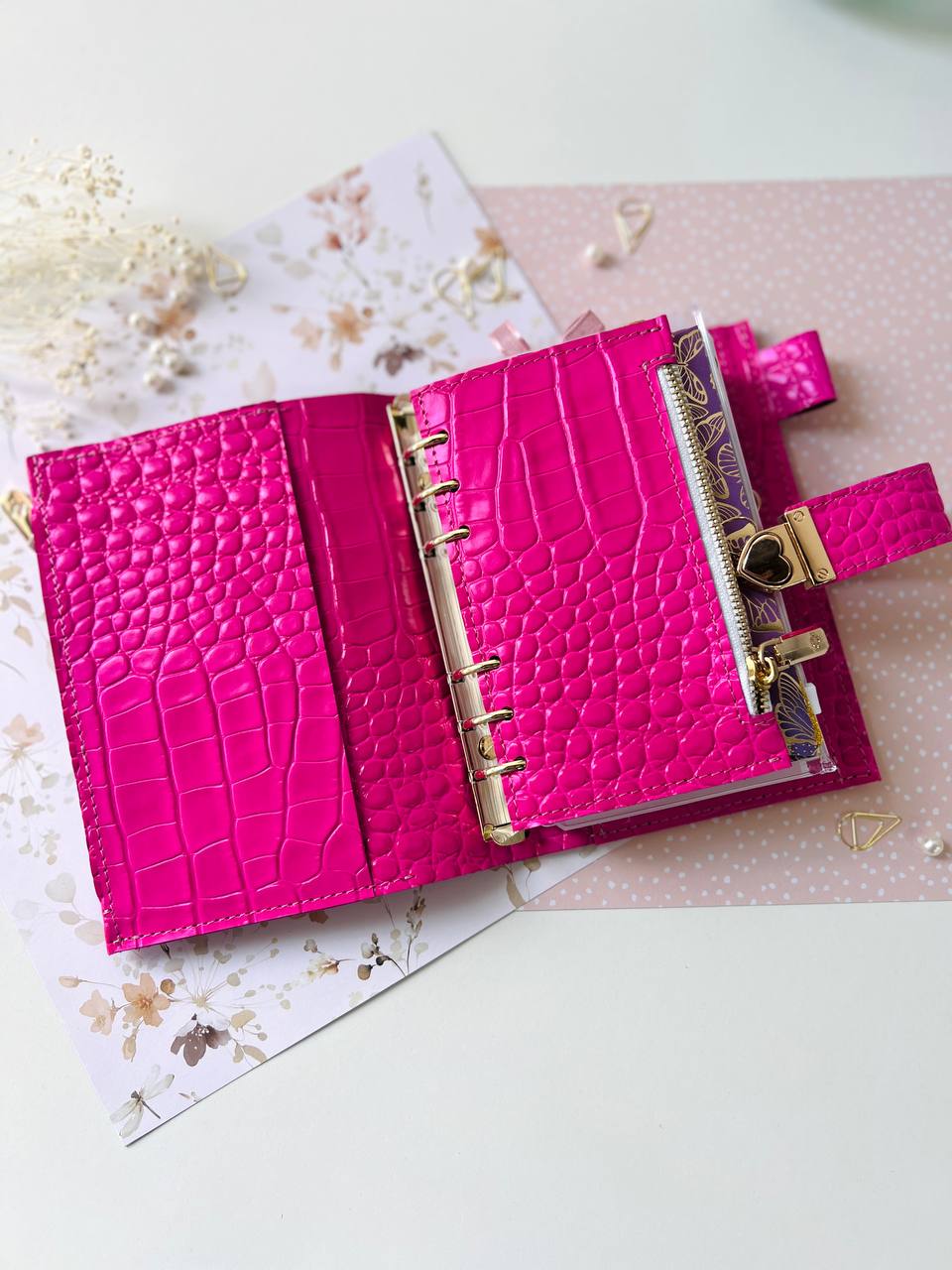 English language A6 NEW SIZE leather hot pink double planner cover binder 6 rings binder, leather planner, gift for her, medium size planner.