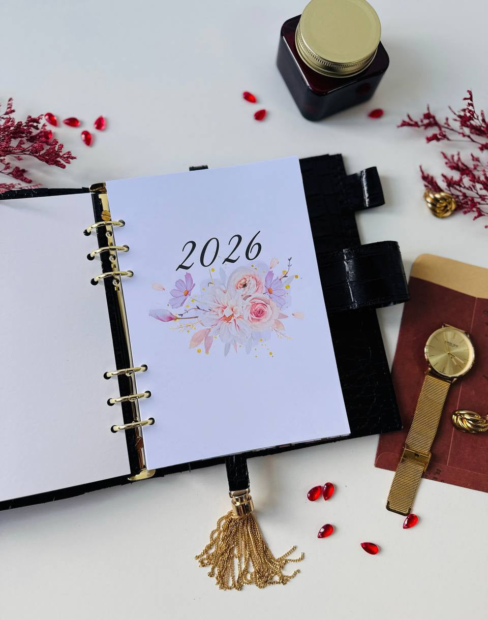 Personalized DATED 2026 horizontal week leather planner big binder A5- cover for documents A4 and A5 format.