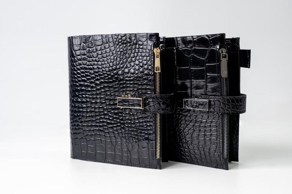 Cyprus, Limassol. Black croco leather notebook cover A5 for documents A4 and A5 format.